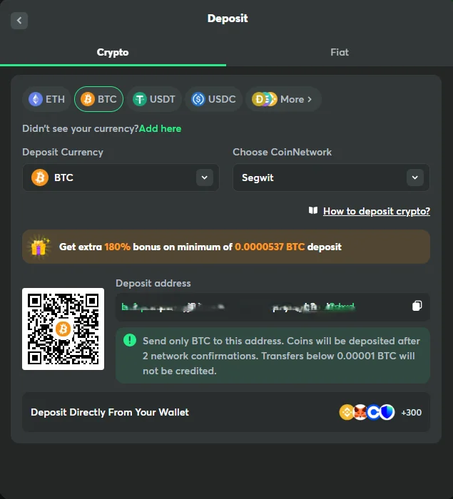 BC.Game krypto insättning - välj mellan 152 kryptovalutor inklusive Bitcoin, Ethereum och USDT