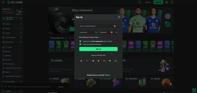 BC.Game registreringsformulär med krypto-plånbok inloggning via MetaMask och Phantom
