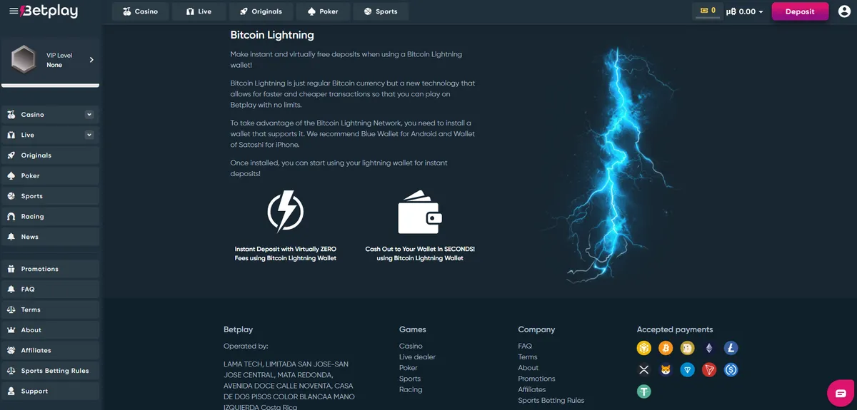 Betplay Lightning Network insättning och uttag - Bitcoin betalningar med omedelbar hastighet