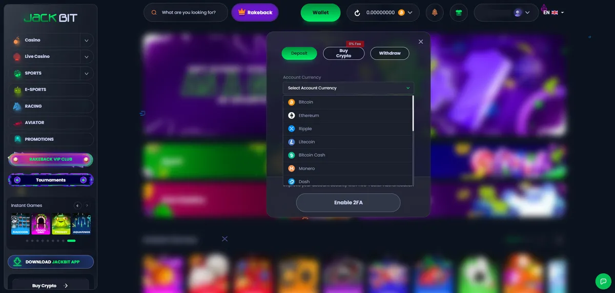 Jackbit insättningsgränssnitt med kryptovalutor som Bitcoin, Ethereum, Ripple, Litecoin, Bitcoin Cash, Monero och Dash
