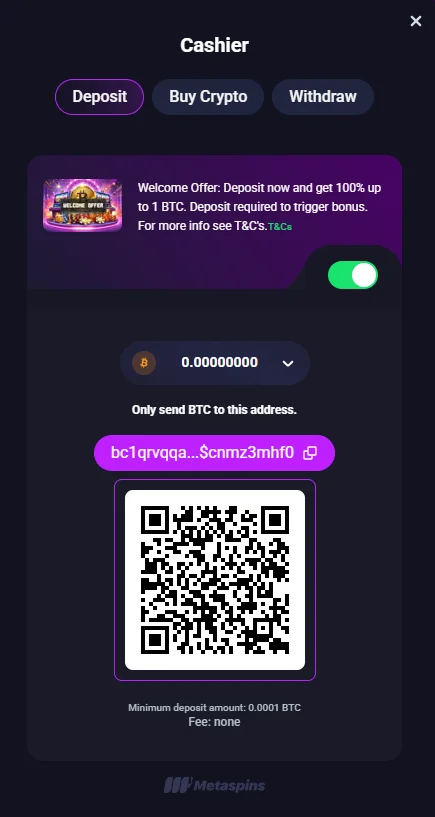 Metaspins Bitcoin insättning med QR-kod och Segwit-adress