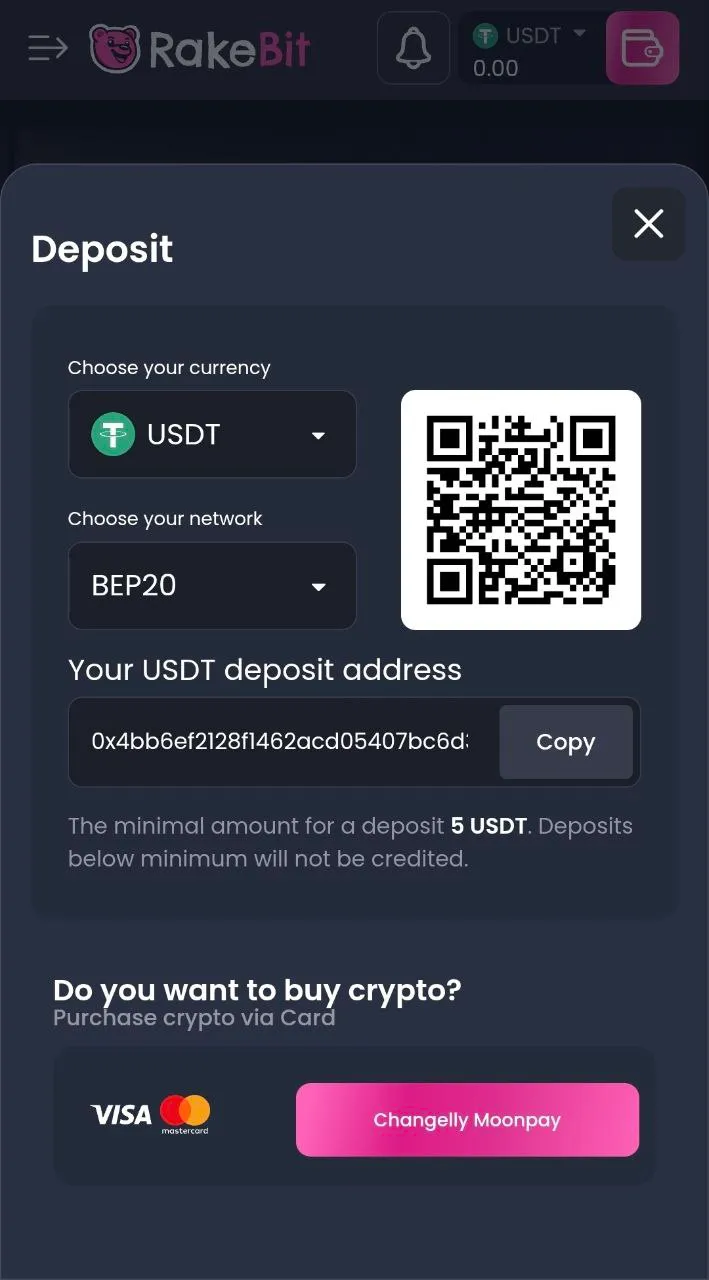 RakeBit insättning med kryptovalutor - stöd för Bitcoin, Solana, Ethereum och 20+ coins