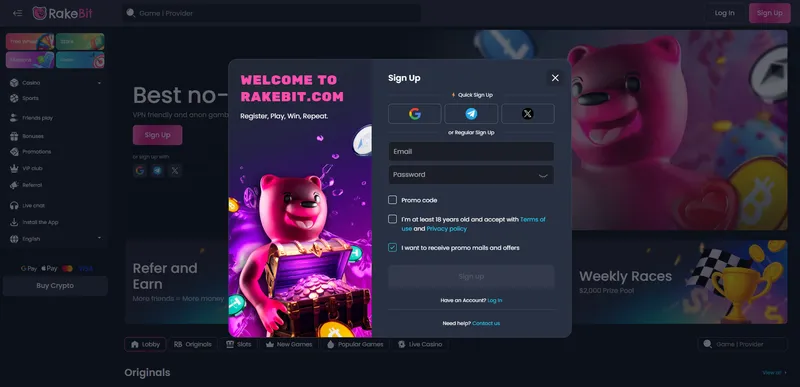 RakeBit registrering - snabb signup med endast email och lösenord, ingen KYC vid start